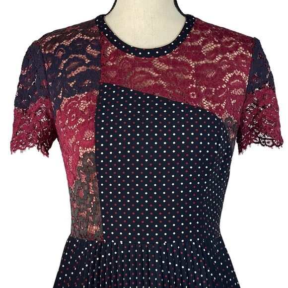 French Connection SZ 6 Phoebe Dress Mix-Lace Polka Dot Round Neck Pleated Mini - Picture 2 of 13
